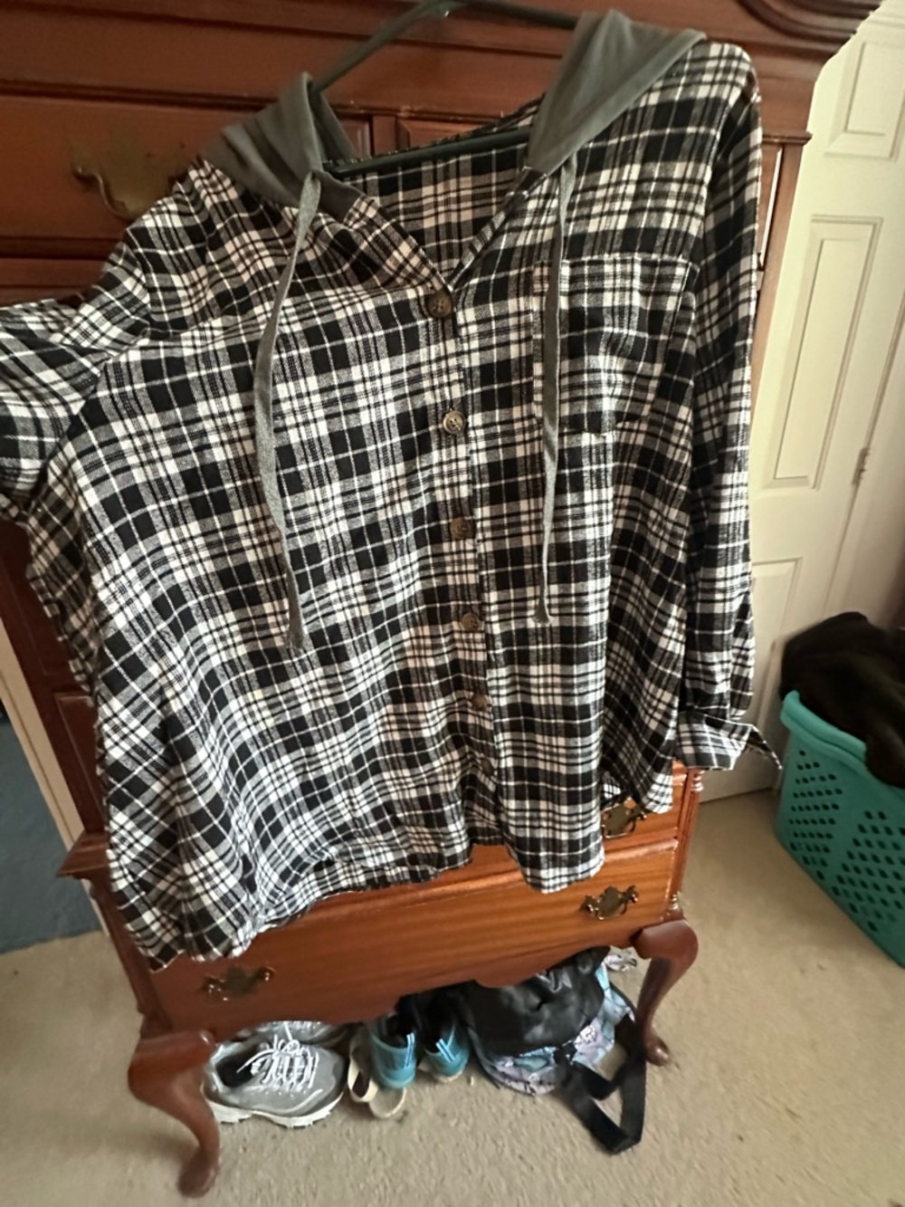 Black & White Plaid Button-Up Hoodie Shirt